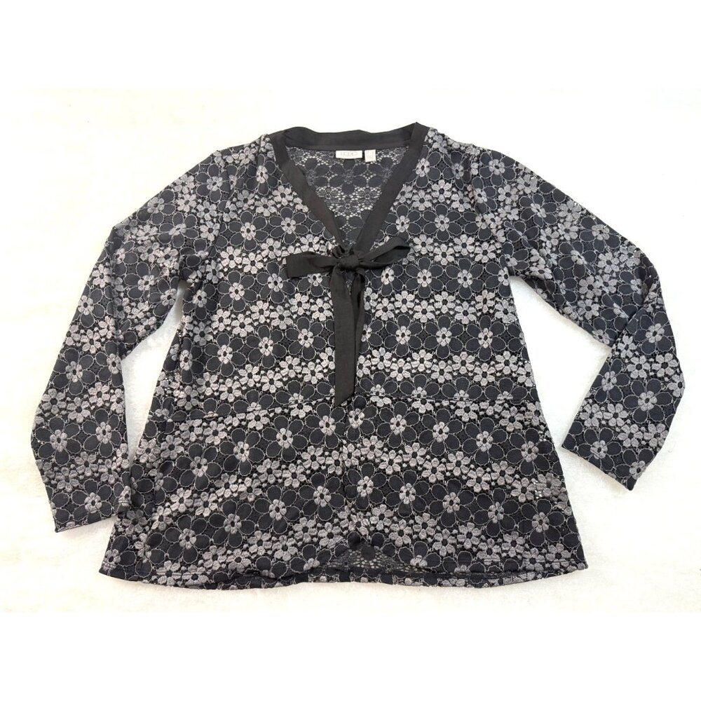 LOGO M Black Gray Sheer Floral Lace Jacket Tie Neck Whimsigoth Dark Fairy Y2K